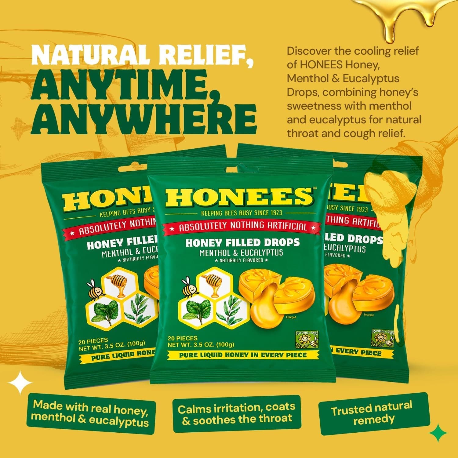 Honees Honey Menthol Cough Drops — 20 Piece